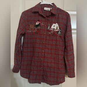 Vintage Casey & Max Plaid Button Down  Christmas Embroidered Shirt Sz S
